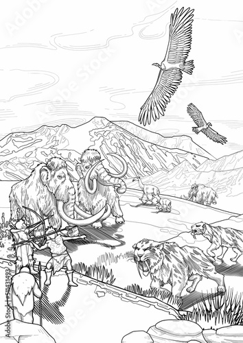 Graphic scene of cavemen hunting on prehistoric giant animals