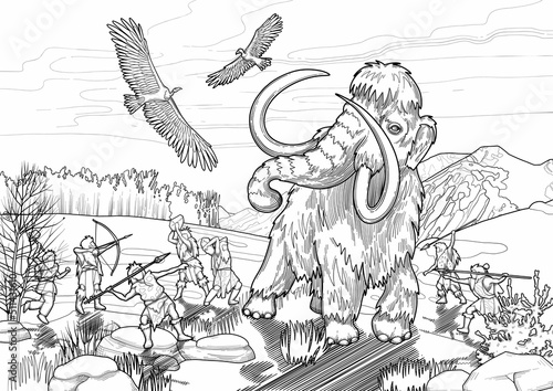 Graphic scene of cavemen hunting on a mammoths