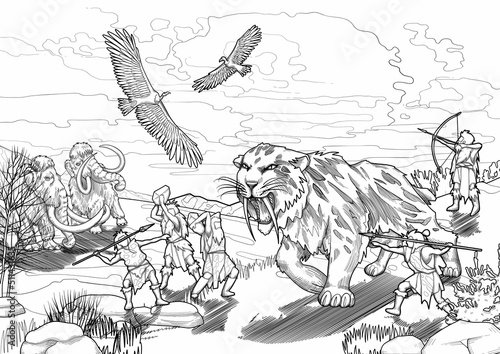 Scene of cavemen fighting with a saber-toothed cat.