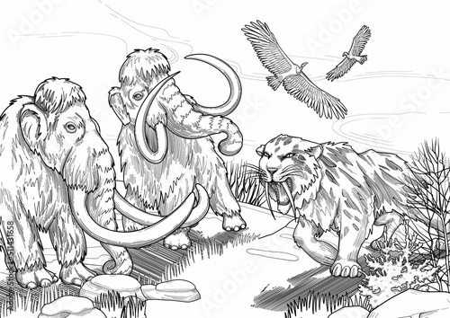 Graphic art of a prehistoric saber-toothed cat growling on a two frightened mammoths.