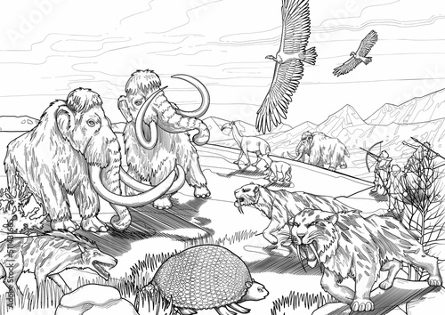 Graphic scene of cavemen hunting on prehistoric giant animals