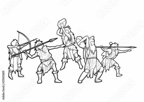 Graphic cavemen with weapons, hunters and warriors