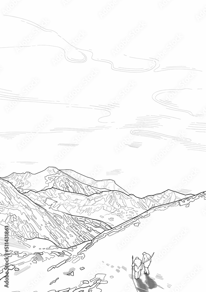 Graphic scene of cavemen in a snowy mountain landscape Graphic scene of cavemen in a snowy mountain landscape
