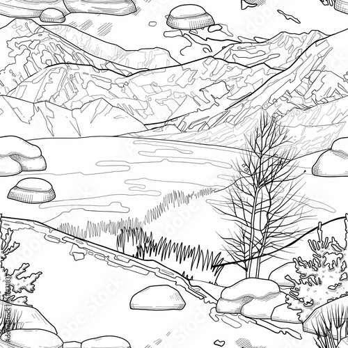 Repeated seamless pattern of an abstract graphic mountain landscape.
