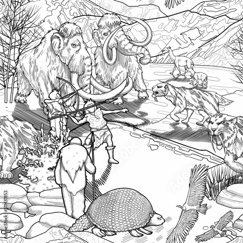 Graphic scene of cavemen hunting on prehistoric giant animals