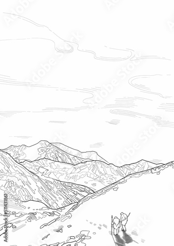 Graphic scene of cavemen in a snowy mountain landscape