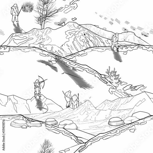 Graphic scene of cavemen in a snowy mountain landscape