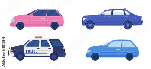 Different cars semi flat color vector objects set. Editable figures. Full sized items on white. Simple cartoon style illustration for web graphic design and animation collection. Bebas Neue font used