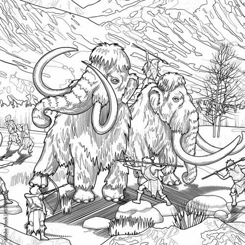 Graphic scene of cavemen hunting on a mammoths