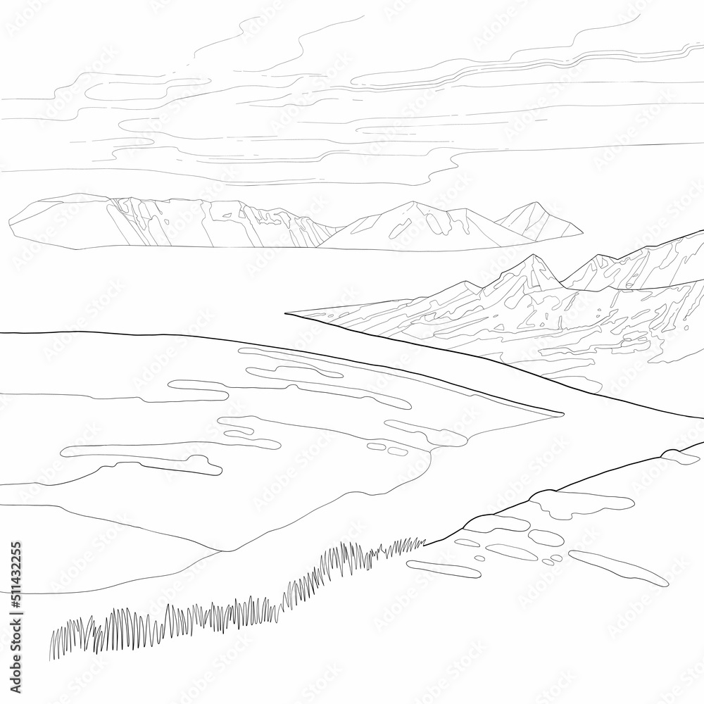 Graphic snowy mountain landscape. Vector illustration of the Ice Age