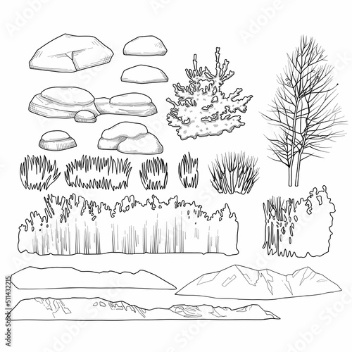 Collection of graphic plants, stones and mountains.