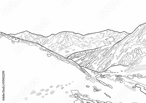 Graphic snowy mountain landscape. Vector illustration of the Ice Age