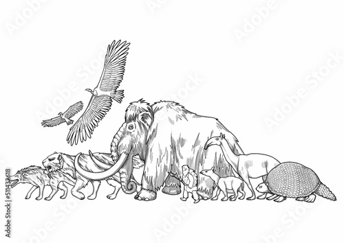 Composition of a graphic prehistoric animals and caveman walking in a line