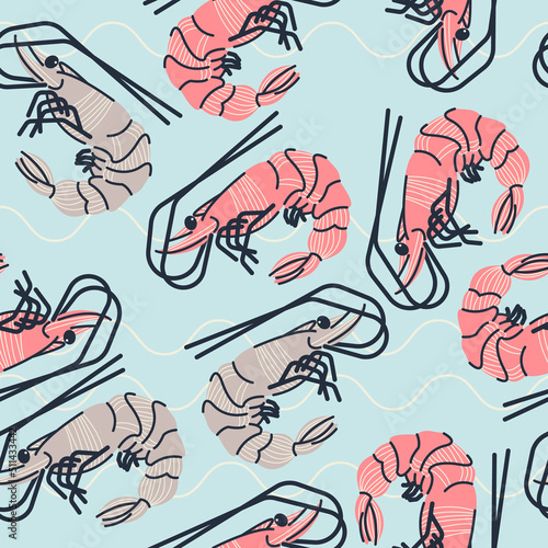 Seamless pattern, background, wrapping paper, illustration, postcard, print with colorful cute shrimps in vector