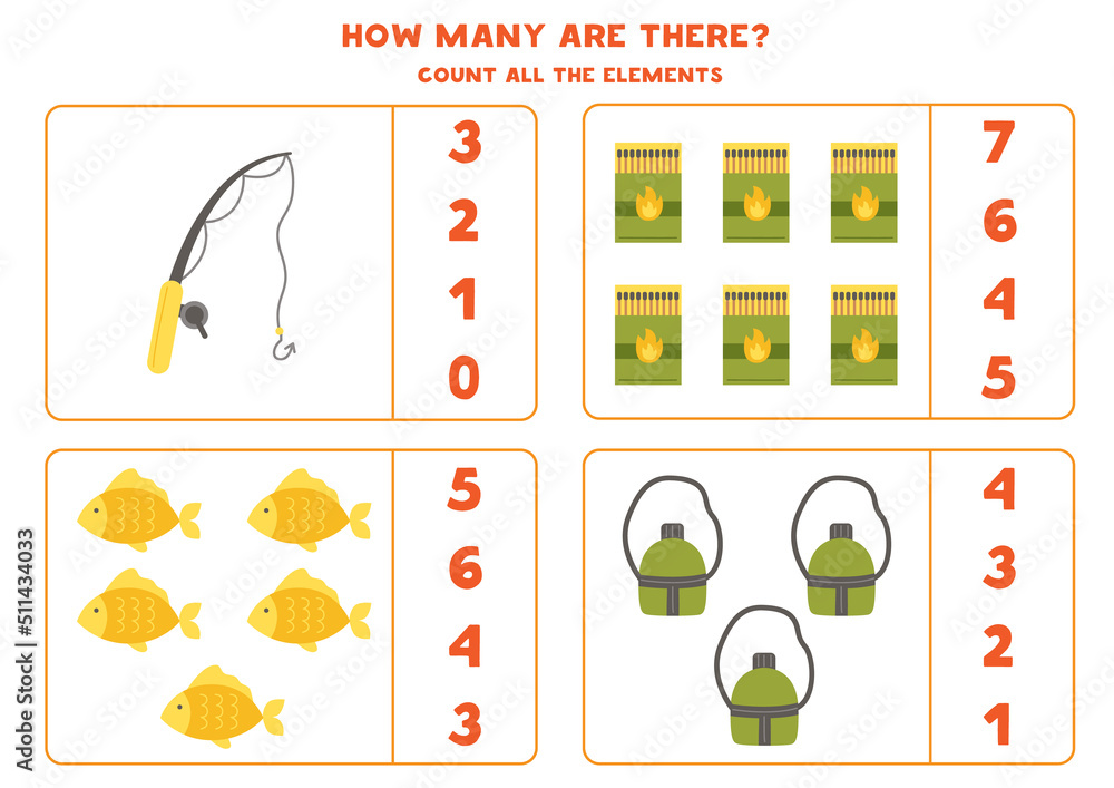 Counting game with cartoon camping elements. Educational worksheet.