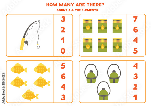 Counting game with cartoon camping elements. Educational worksheet.