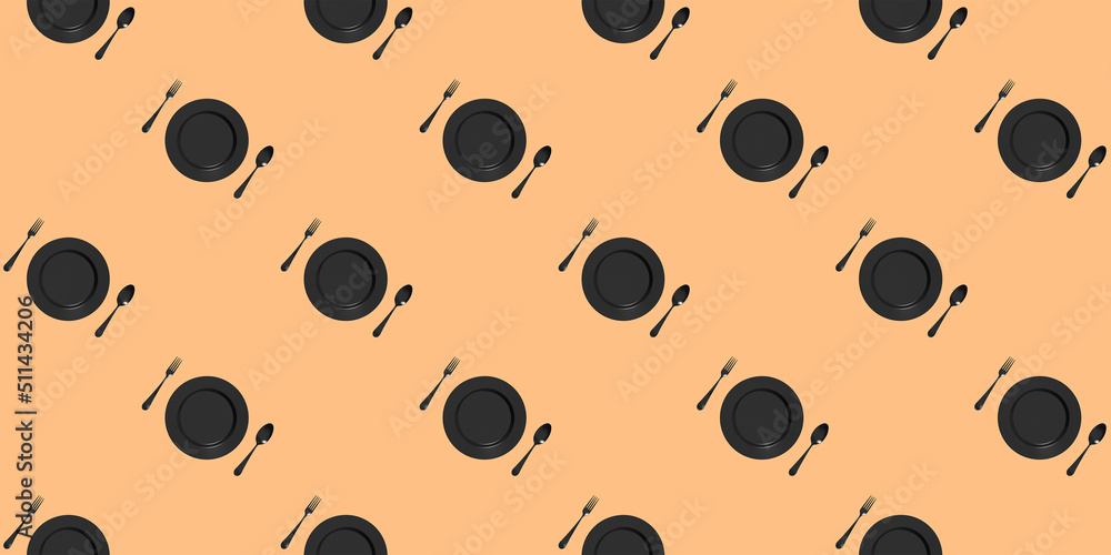 seamless pattern. kitchen utensils on a pastel red orang background. fork, spoon, plate. Template for surface application. Flat lay. Banner for insertion into site. Horizontal image. seamless pattern. kitchen utensils on a pastel red orang background. fork, spoon, plate. Template for surface application. Flat lay. Banner for insertion into site. Horizontal image.