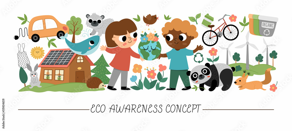 Fototapeta premium Vector ecological horizontal set with cute children caring of nature. Earth day card template for banners, invitations. Cute environment friendly illustration with planet, waste recycling concept.