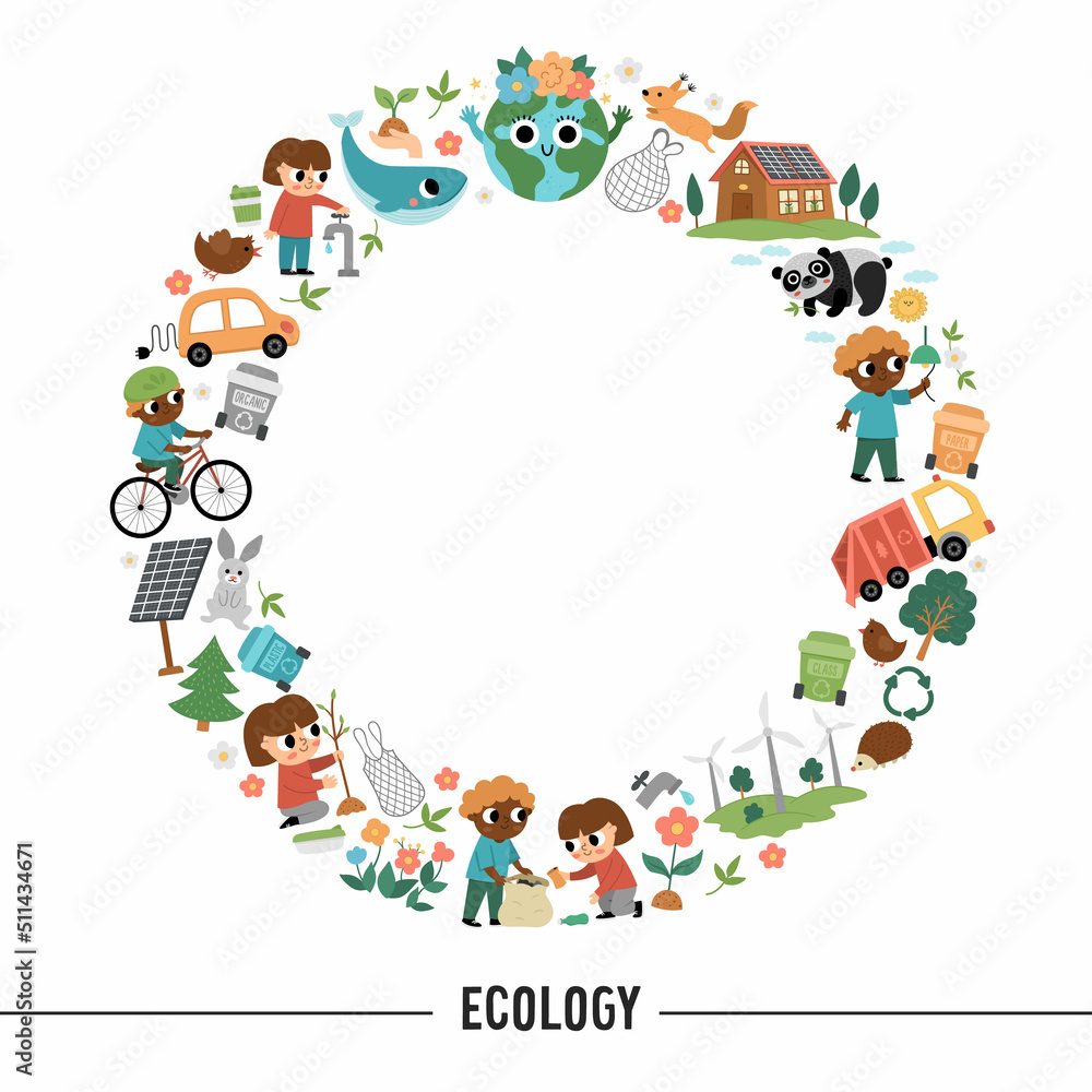 Vector ecological round frame with cute children caring of nature. Earth day card template for banners, invitations. Cute environment friendly wreath illustration with planet. Vector ecological round frame with cute children caring of nature. Earth day card template for banners, invitations. Cute environment friendly wreath illustration with planet.
