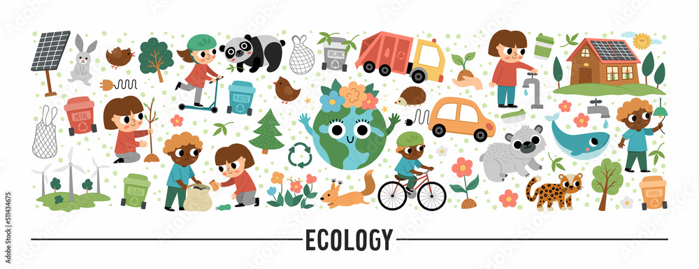 Obraz premium Vector ecological horizontal set with cute children caring of nature. Earth day card template for banners, invitations. Cute environment friendly illustration with planet, waste recycling concept.
