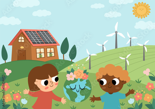 Vector eco life scene with cute kids. Horizontal card template with ecological landscape. Green city illustration with forest, children, plants. Earth day or nature protection banner.