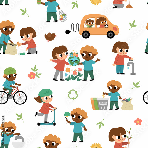 Ecological vector seamless pattern with children. Cute eco friendly repeat background. Boys and girls saving water, energy, seeding plants, caring of environment. Earth day digital paper.
