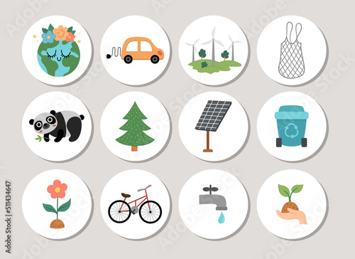 Ecological highlight icons set with cute planet, waste recycling, seeding, alternative energy concept. Vector Earth day round print templates. Eco friendly design for tags.