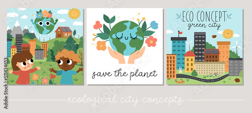 Vector eco city scenes set. Square ecological town landscapes with alternative transport, energy concept. Green city illustrations. Earth day or nature protection picture.
