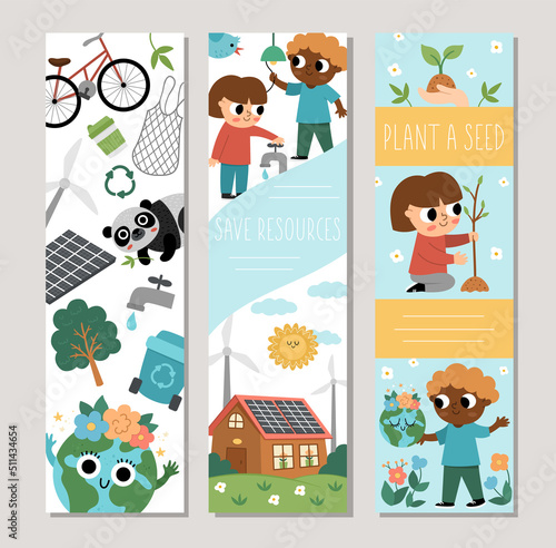 Ecological vertical cards set with cute children, planet, waste recycling, seeding, alternative energy concept. Vector Earth day bookmark design. Eco friendly print templates.