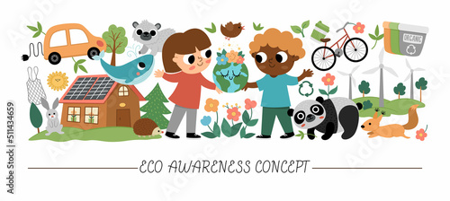 Vector ecological horizontal set with cute children caring of nature. Earth day card template for banners, invitations. Cute environment friendly illustration with planet, waste recycling concept.