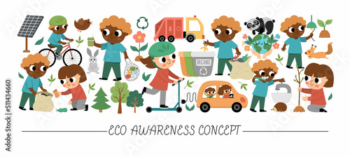 Vector ecological horizontal set with cute children caring of nature. Earth day card template for banners, invitations. Cute environment friendly illustration with planet, waste recycling concept.