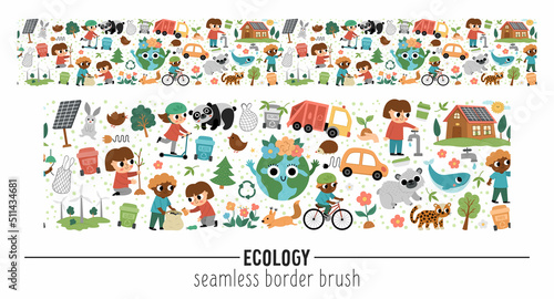 Vector ecological horizontal seamless pattern brush with cute children caring of nature. Earth day border. Cute environment friendly repeating background with eco planet concept.