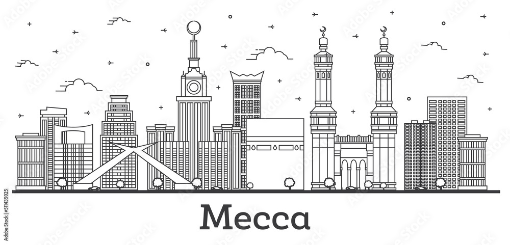 Outline Mecca Saudi Arabia City Skyline with Historic Buildings Isolated on White.