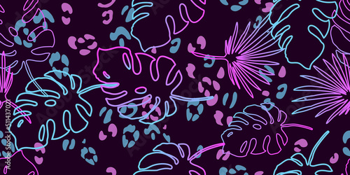 Exotic fluorescent palm leaves and leopard texture seamless pattern. vector wallpaper. Tropical neon gradient background. Futuristic digital. 