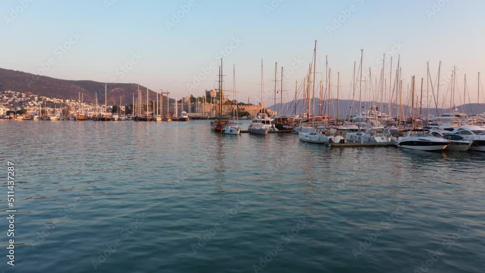 Aerial drone view of Aegean sea with boats and Medieval castle of Saint Peter. Bodrum, Turkey. Aerial drone view of Aegean sea with boats and Medieval castle of Saint Peter. Bodrum, Turkey.