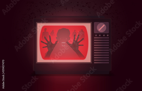 Evil spirit of revenge trapped in the vintage television screen on red grunge background. Illustration about horror nightmare from watching tv, movie, zombie, and ghost.