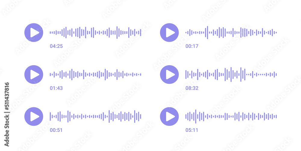 Sound wave message. Social audio of voice. Record music player. Podcast soundwave line. Volume equalizer icon with stereo noise and button. Shape of mobile talk track. Vector illustration. - obrazy, fototapety, plakaty 