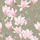 Watercolor seamless pattern with pink magnolia on green background.