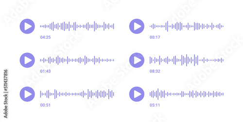 Sound wave message. Social audio of voice. Record music player. Podcast soundwave line. Volume equalizer icon with stereo noise and button. Shape of mobile talk track. Vector illustration.