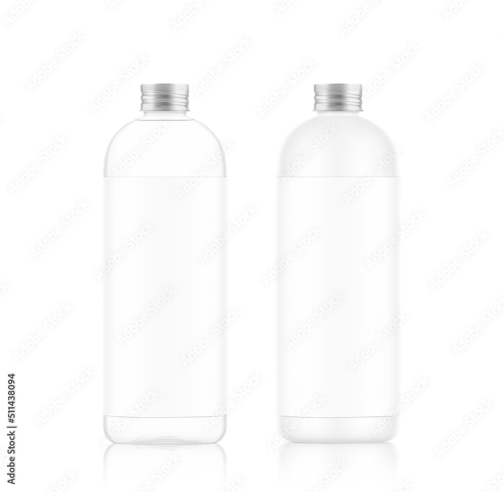 Glass and plastic bottle with label and metal screw cap mockup. Vector illustration isolated on white background. EPS10. Glass and plastic bottle with label and metal screw cap mockup. Vector illustration isolated on white background. EPS10.