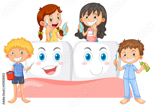 Group of children cleaning teeth photo