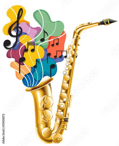 Music notes rainbow colourful with saxophone on white background