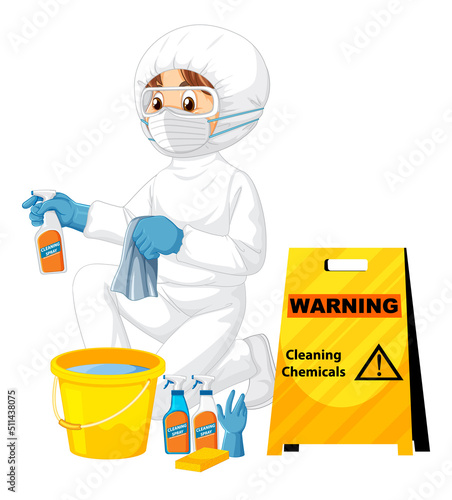 Man in protective hazmat suit with cleaning chemicals sign