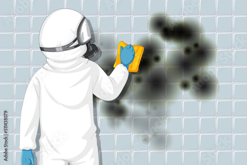 Man in protective hazmat suit cleaning mold on the wall