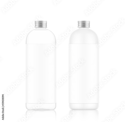 Glass and plastic bottle with label and metal screw cap mockup. Vector illustration isolated on white background. EPS10.	