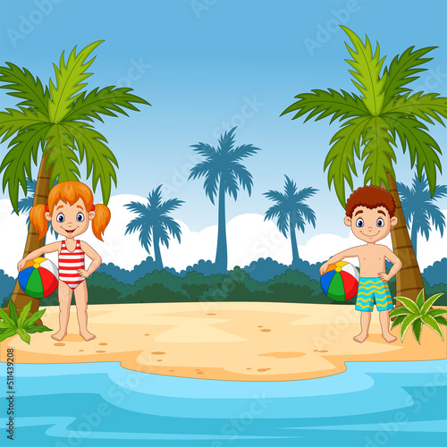 Cartoon kids with beach ball on a tropical island