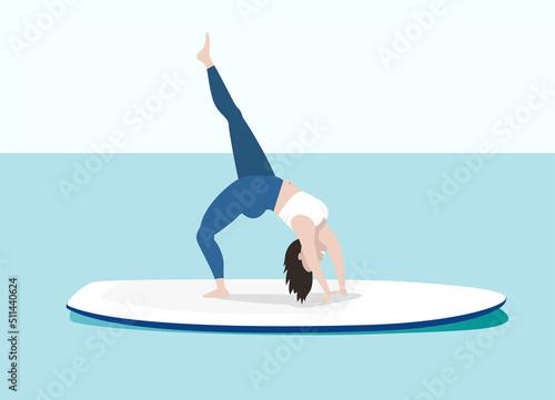 Woman doing exercise on sup board floating in sea. Flat style illustration in blue and white colors