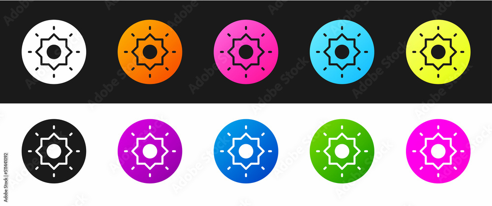 Set Shield viking icon isolated on black and white background. Round wooden shield. Security, safety, protection, privacy, guard concept. Vector Set Shield viking icon isolated on black and white background. Round wooden shield. Security, safety, protection, privacy, guard concept. Vector