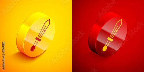 Isometric Medieval sword icon isolated on orange and red background. Medieval weapon. Circle button. Vector