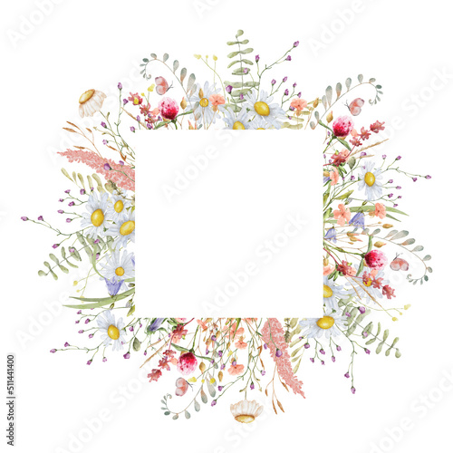 Wild flowers watercolor frame botanical hand drawn illustration
